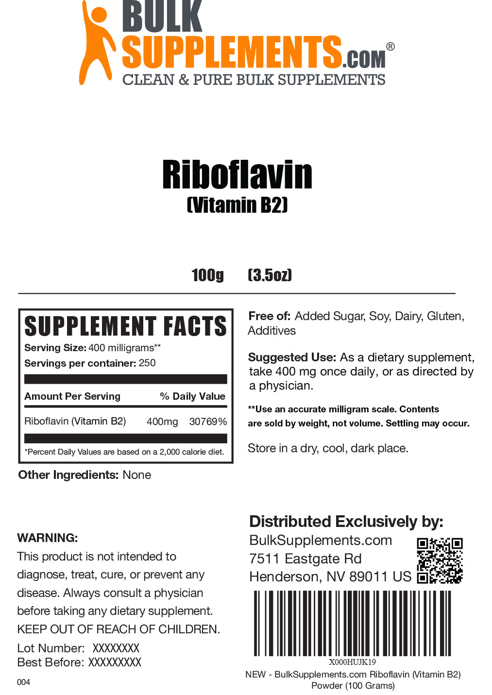 Riboflavin (Vitamin B2) powder label 100g