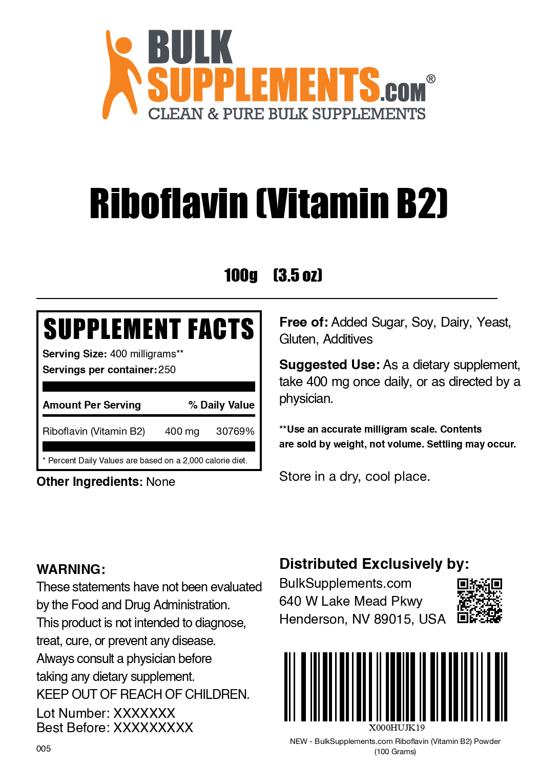 Riboflavin (Vitamin B2) powder label 100g