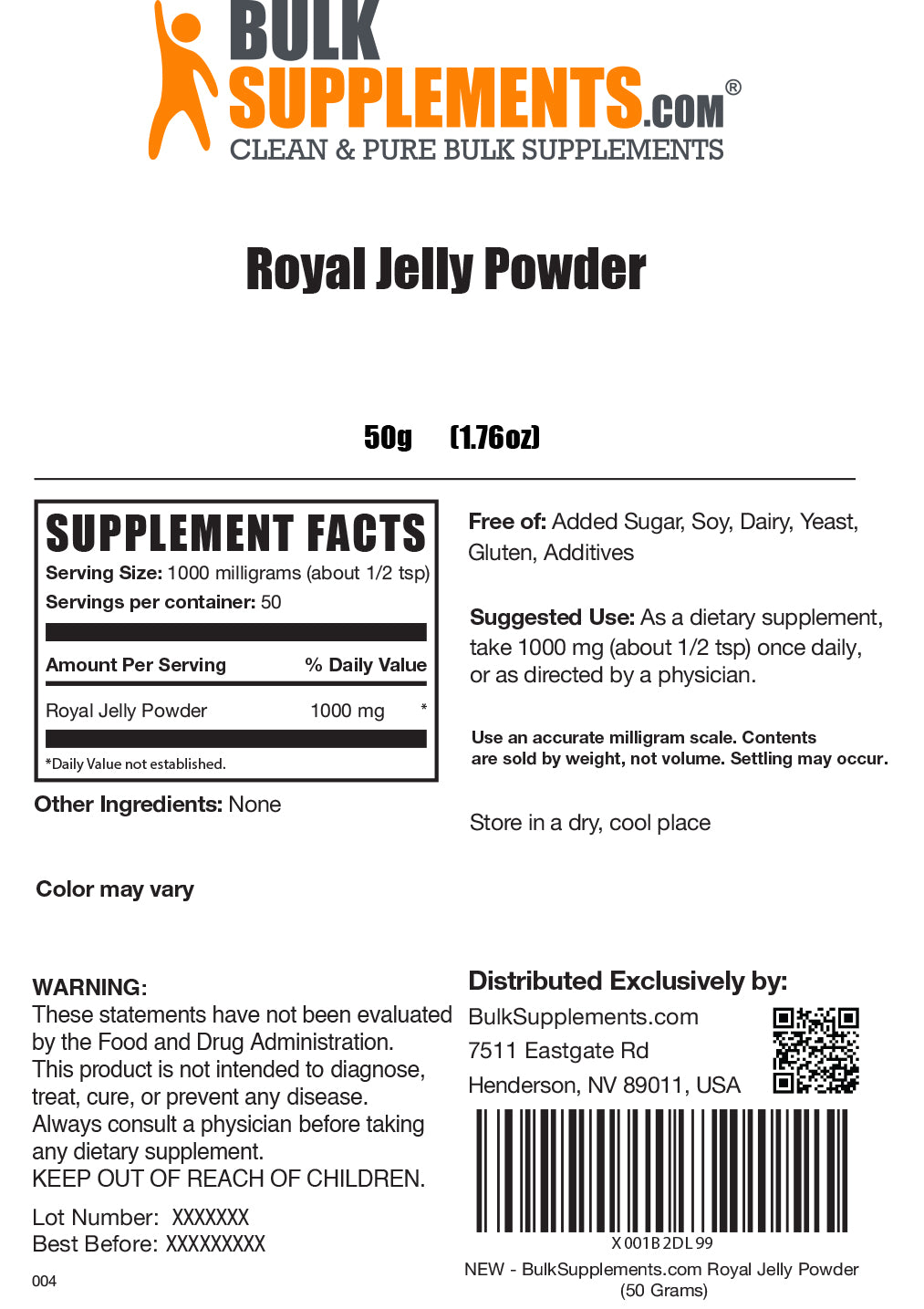 Royal Jelly Powder label 50g