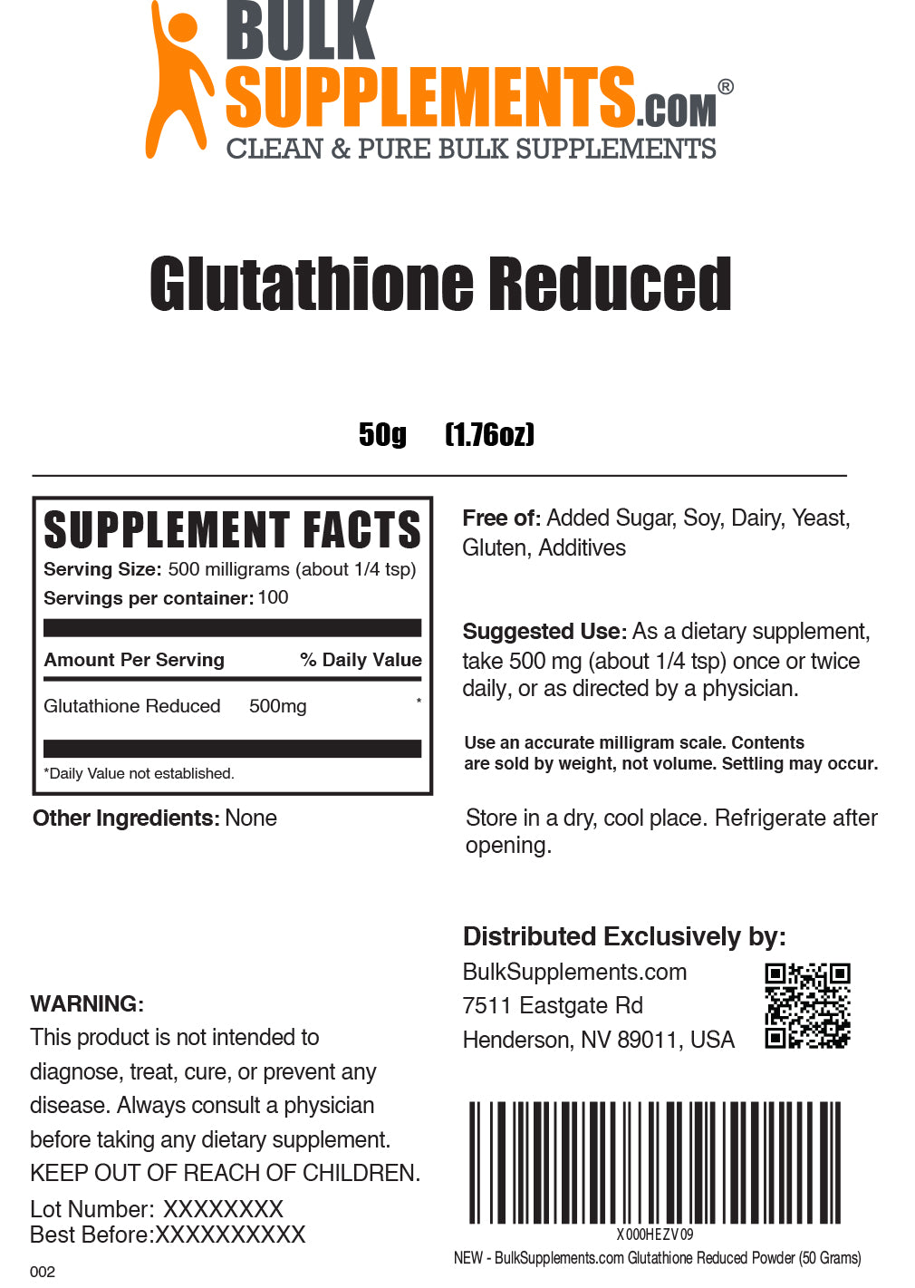 Reduced glutathione powder label 50g