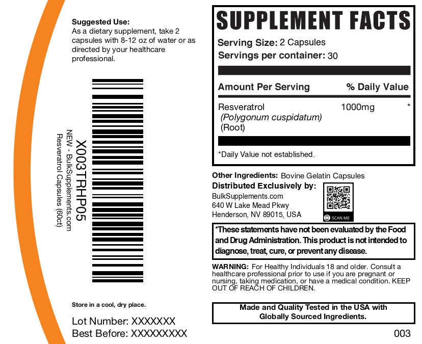 Resveratrol 1000mg 60 capsules label