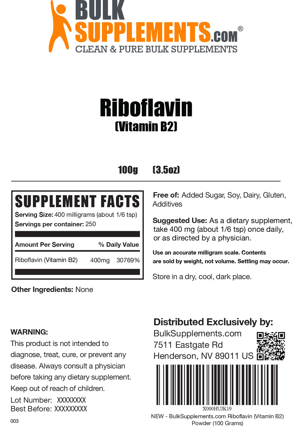 Riboflavin (Vitamin B2) powder label 100g