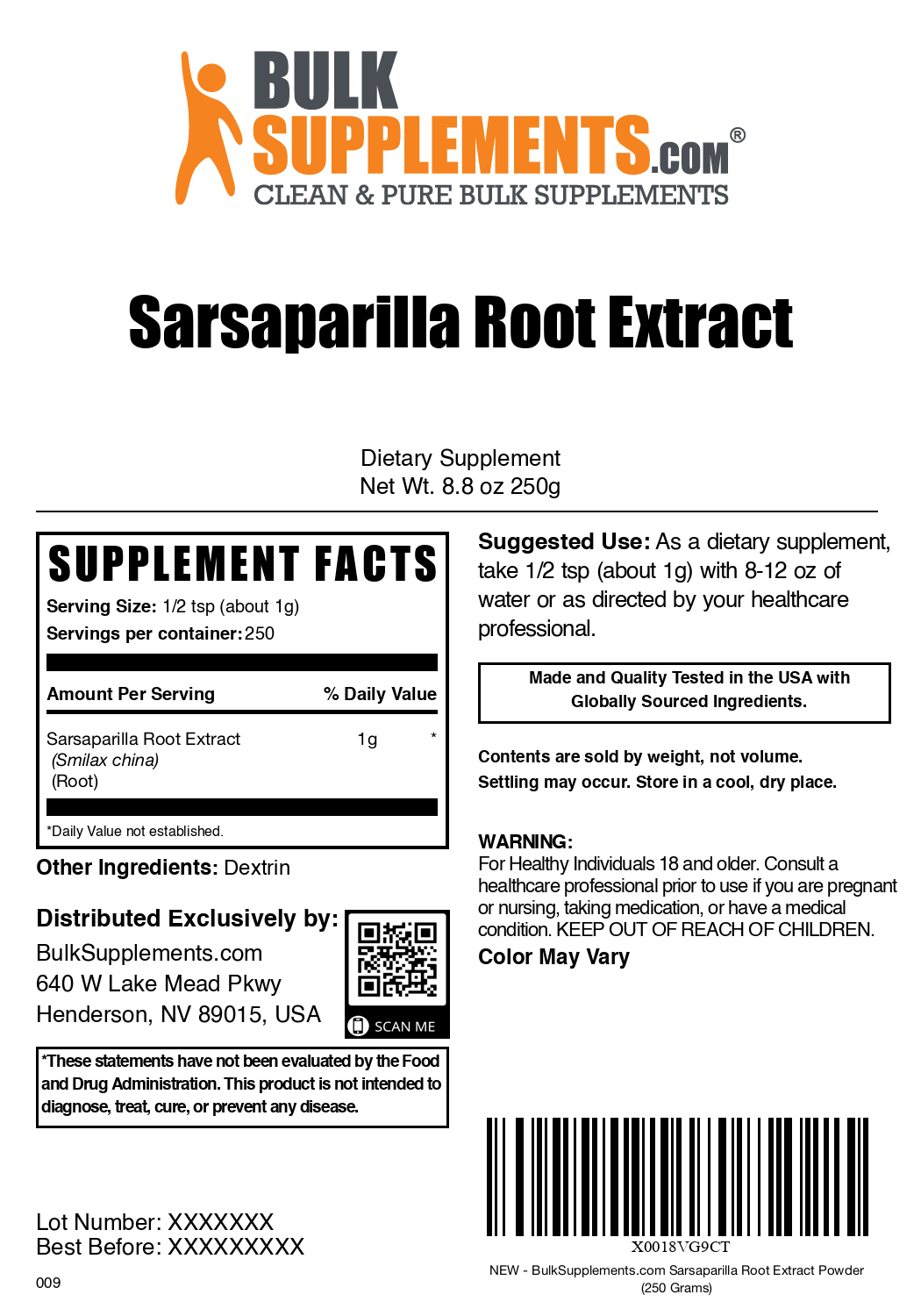 Sarsaparilla Root extract powder 250g