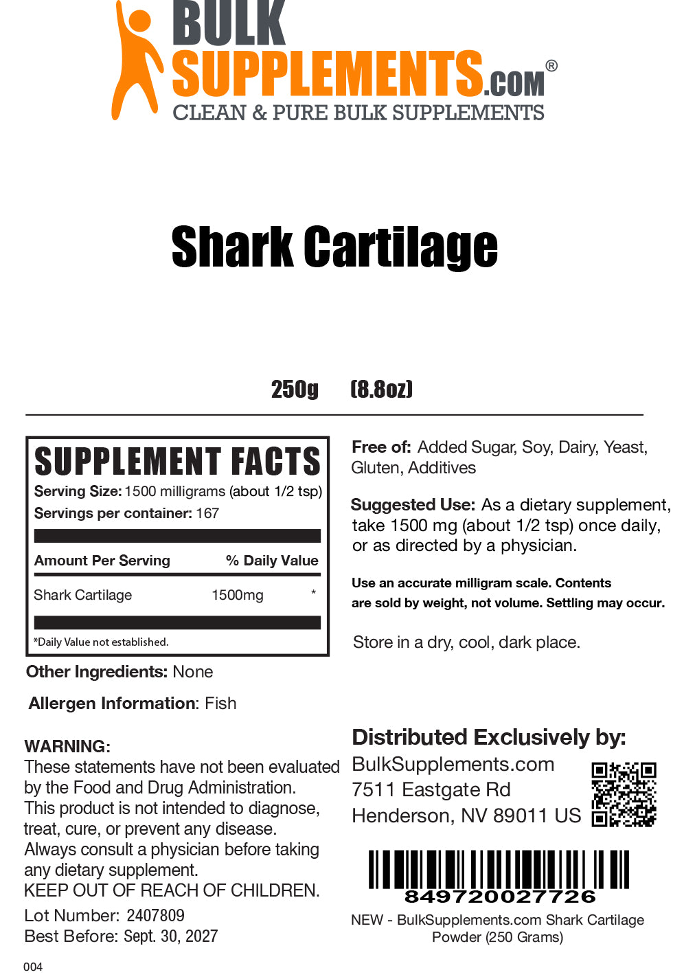 Shark cartilage powder label 250g