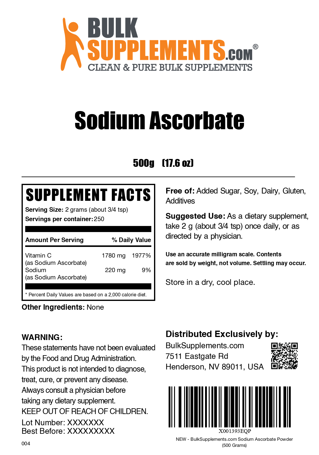 Sodium Ascorbate powder label 500g