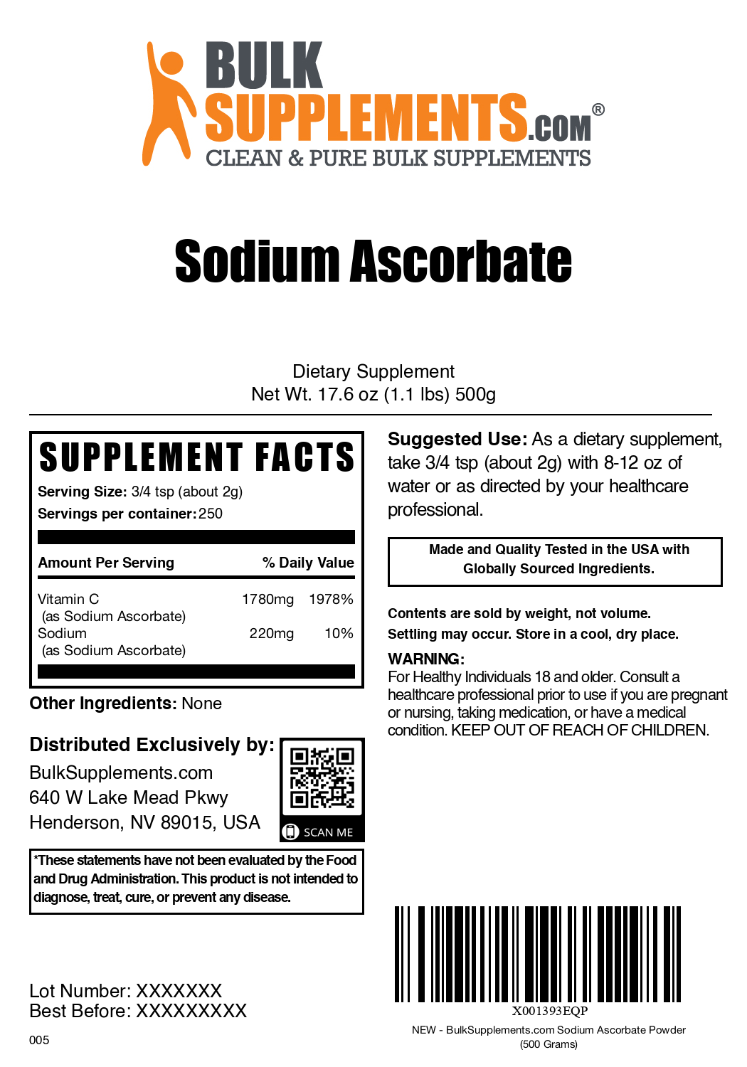 Sodium Ascorbate powder label 500g