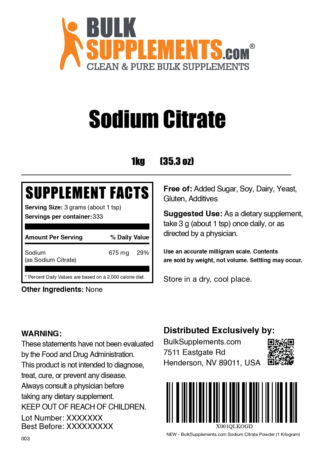 Sodium Citrate powder label 1kg