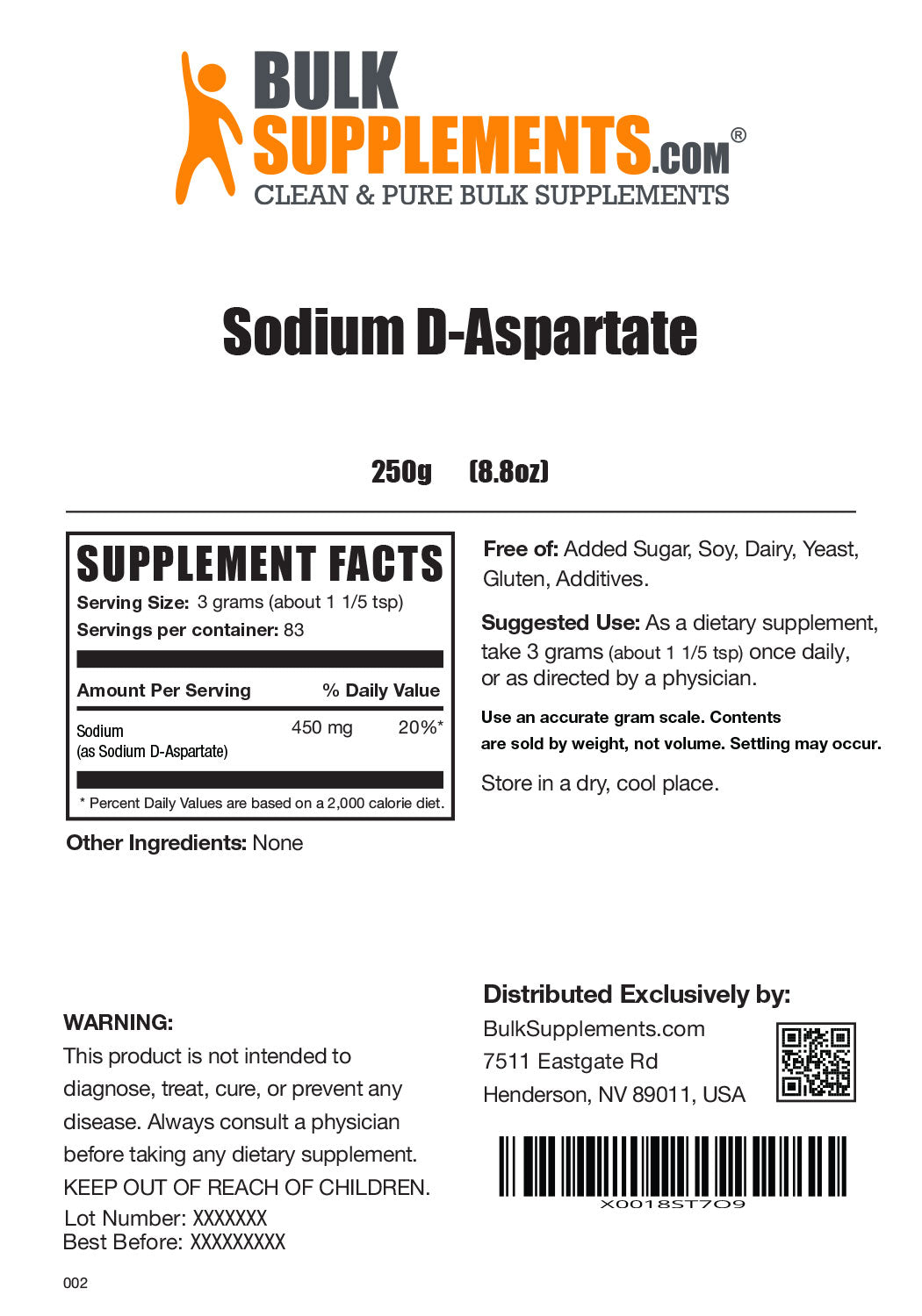 Sodium D-Aspartate powder label 250g