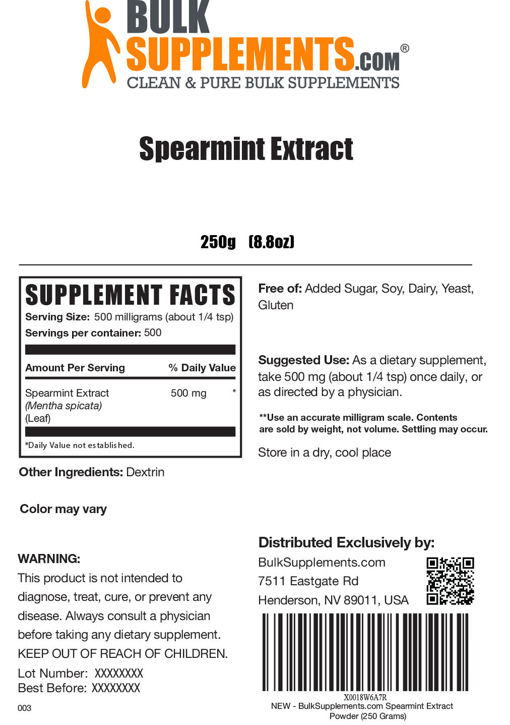 Spearmint extract powder label 250g