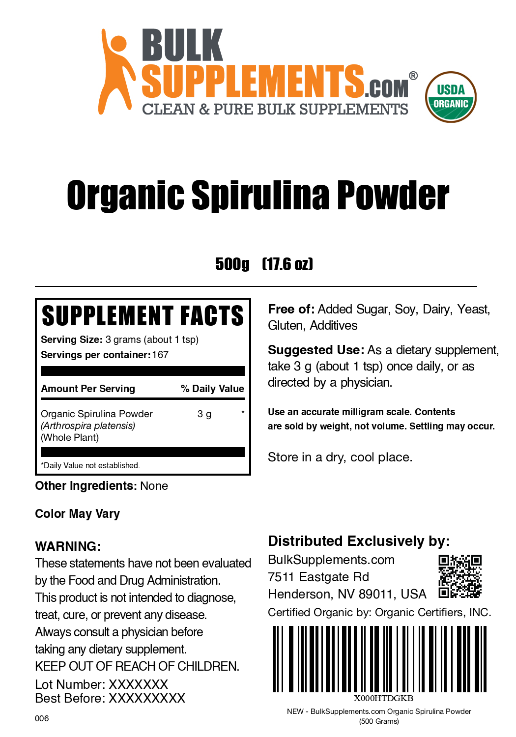 Organic Spirulina powder label 500g