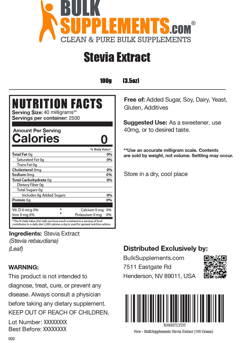 Stevia Extract powder label 100g