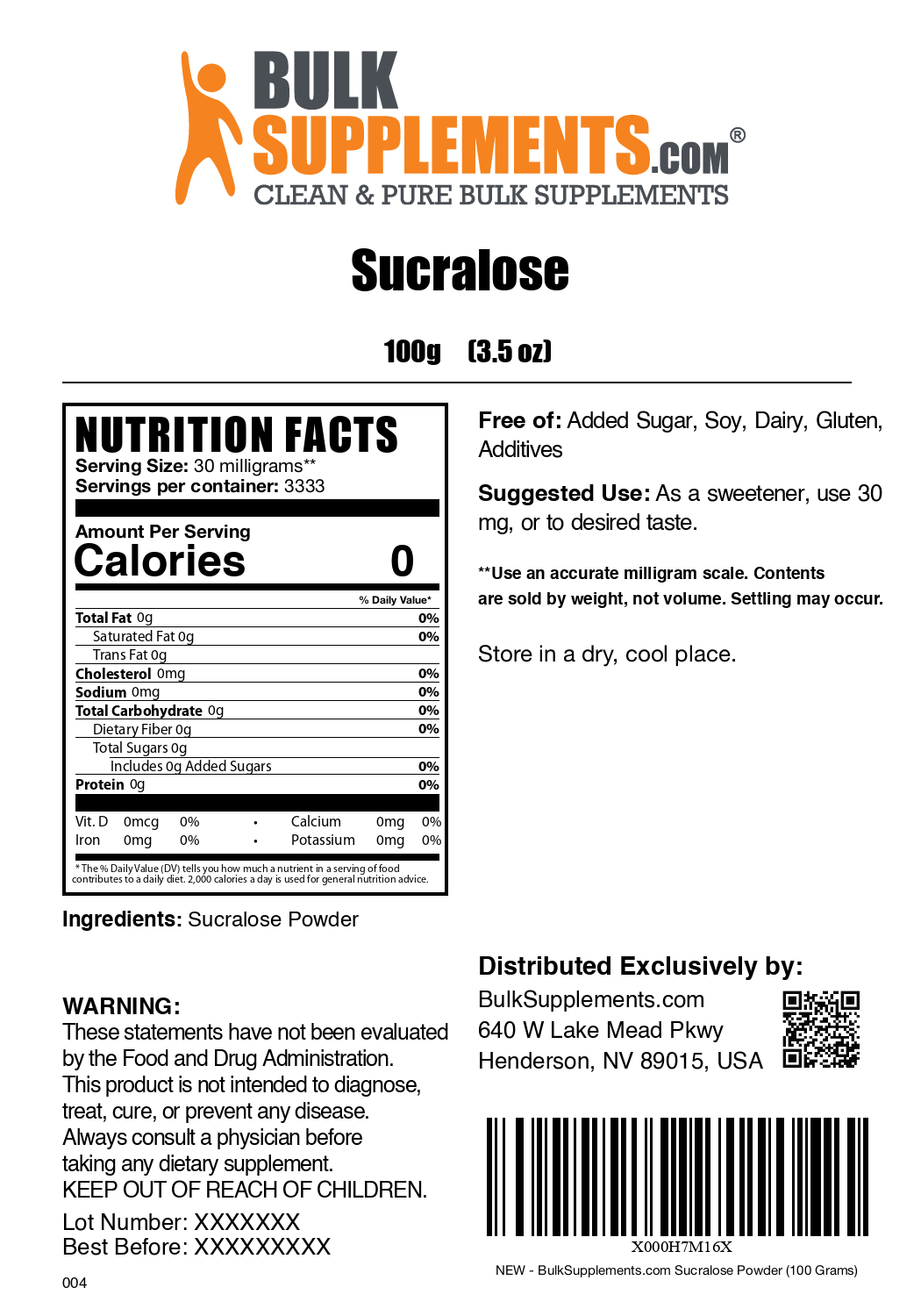 Sucralose powder label 100g