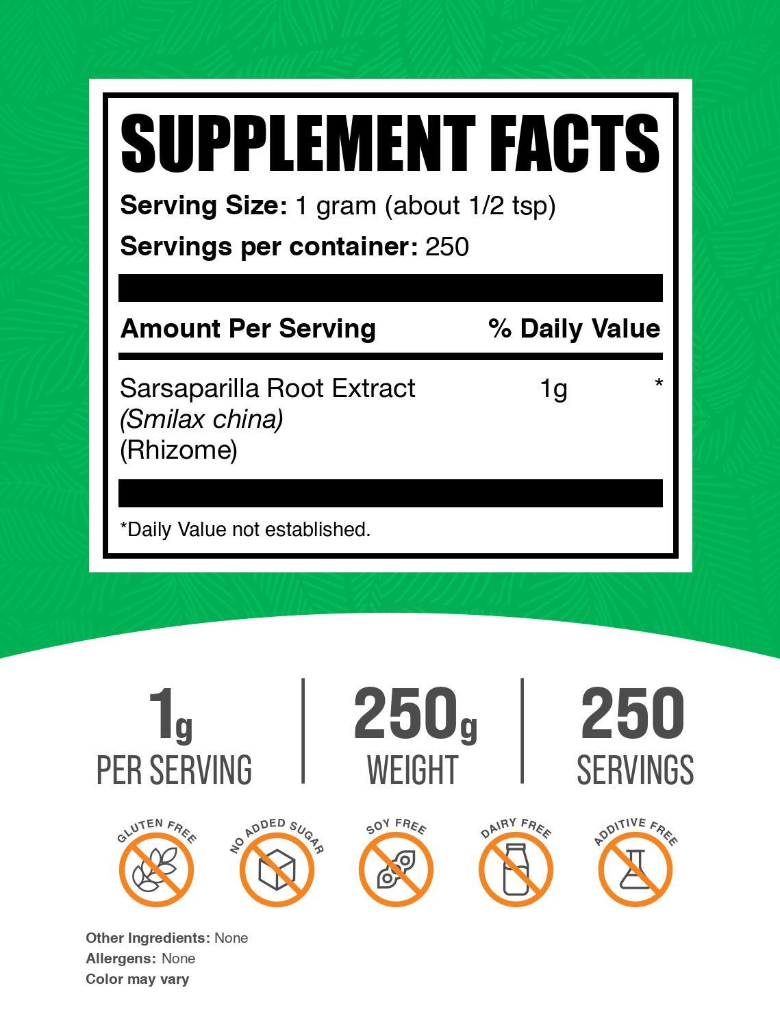 Sarsaparilla root extract powder label 250g