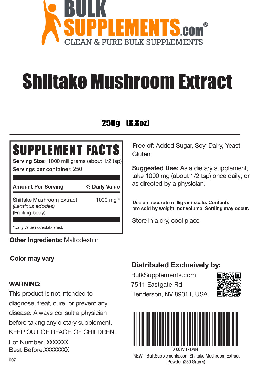 Shiitake mushroom extract powder label 250g