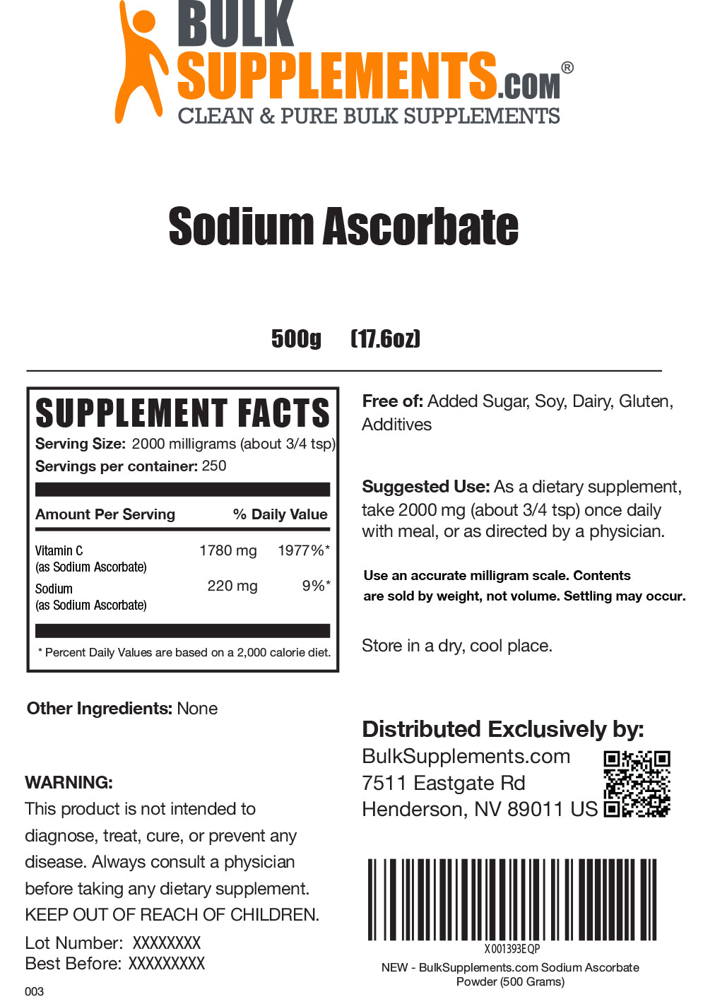 Sodium Ascorbate powder label 500g