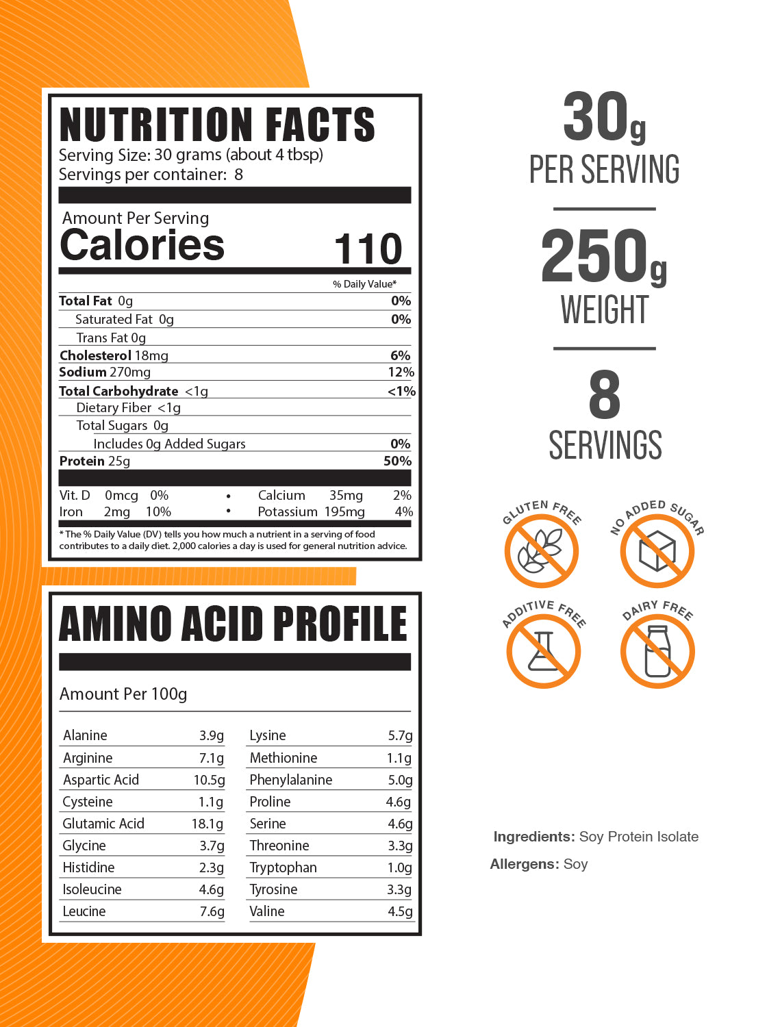 Soy Protein Isolate powder label 250g