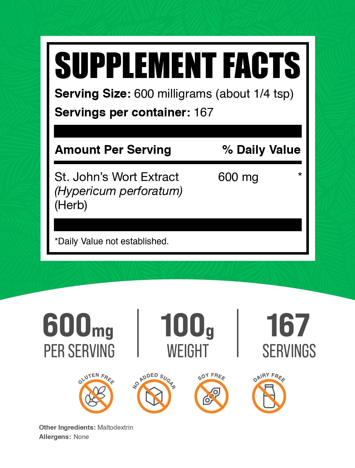 BulkSupplements.com St. John's Wort Extract powder label 100g