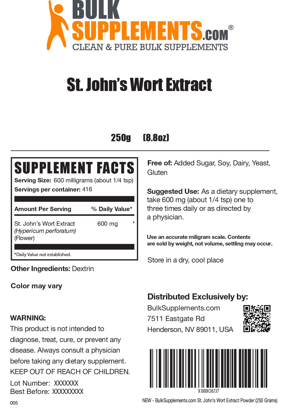 BulkSupplements.com St. John's Wort Extract Powder label 250g