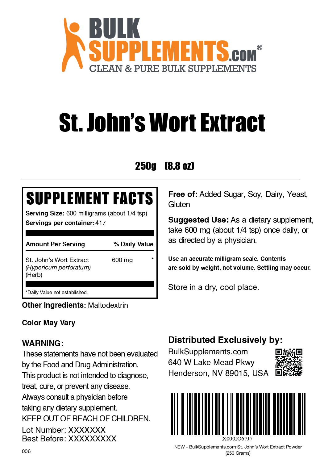 BulkSupplements.com St. John's Wort Extract powder label 250g