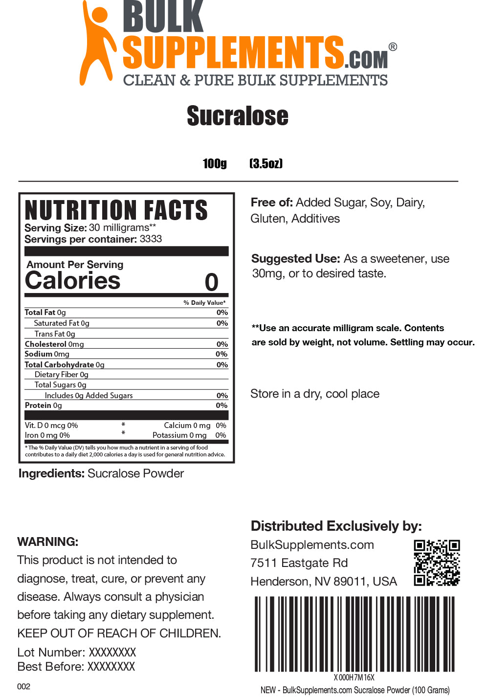 Sucralose powder label 100g