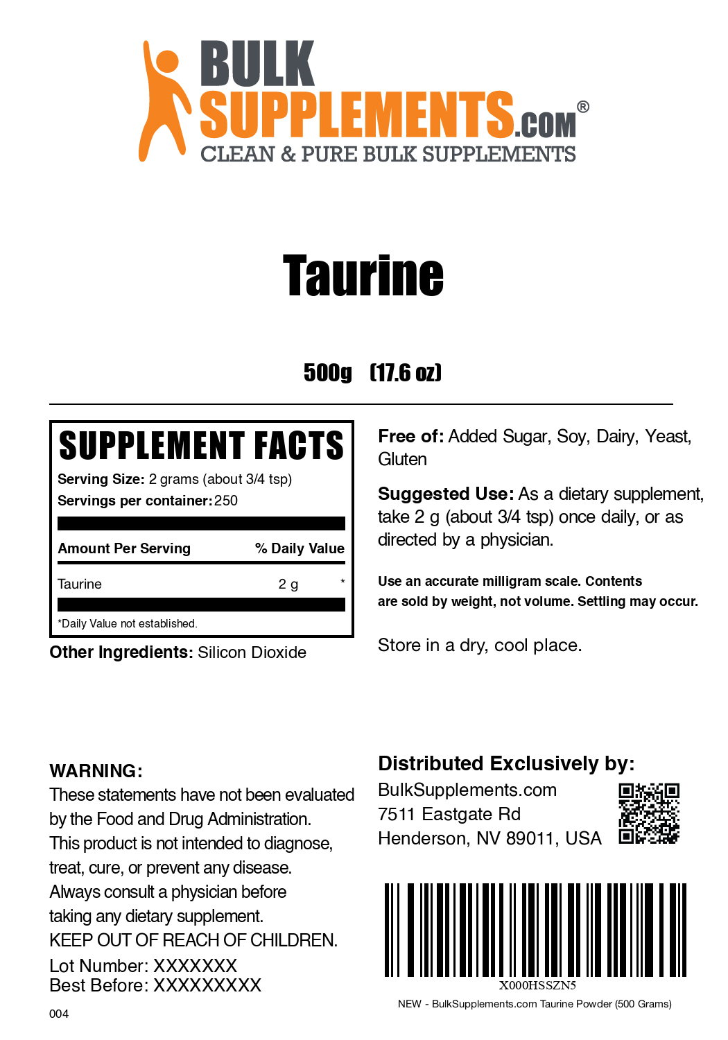 Taurine powder label 500g