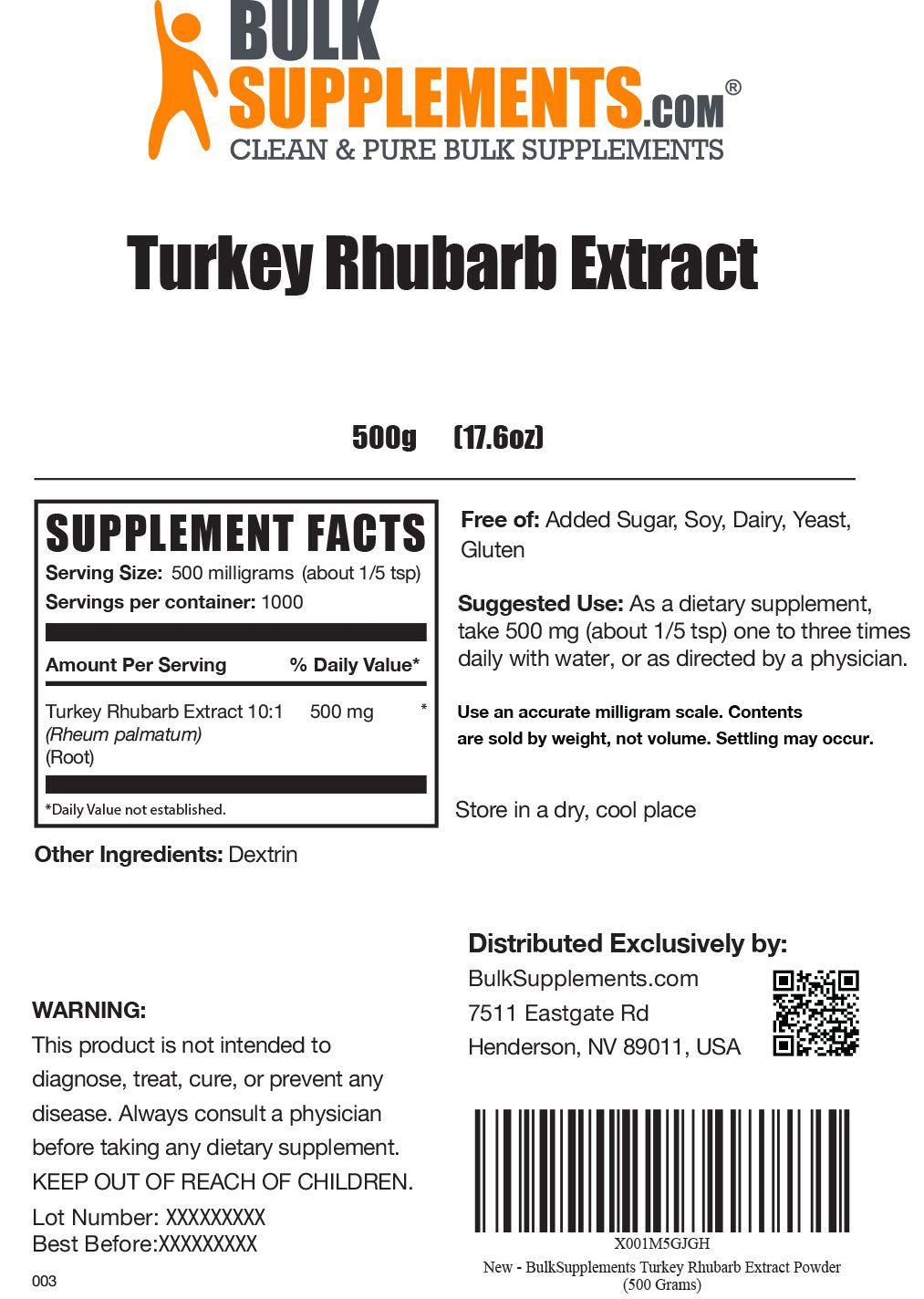 Turkey Rhubarb Extract powder label 500g