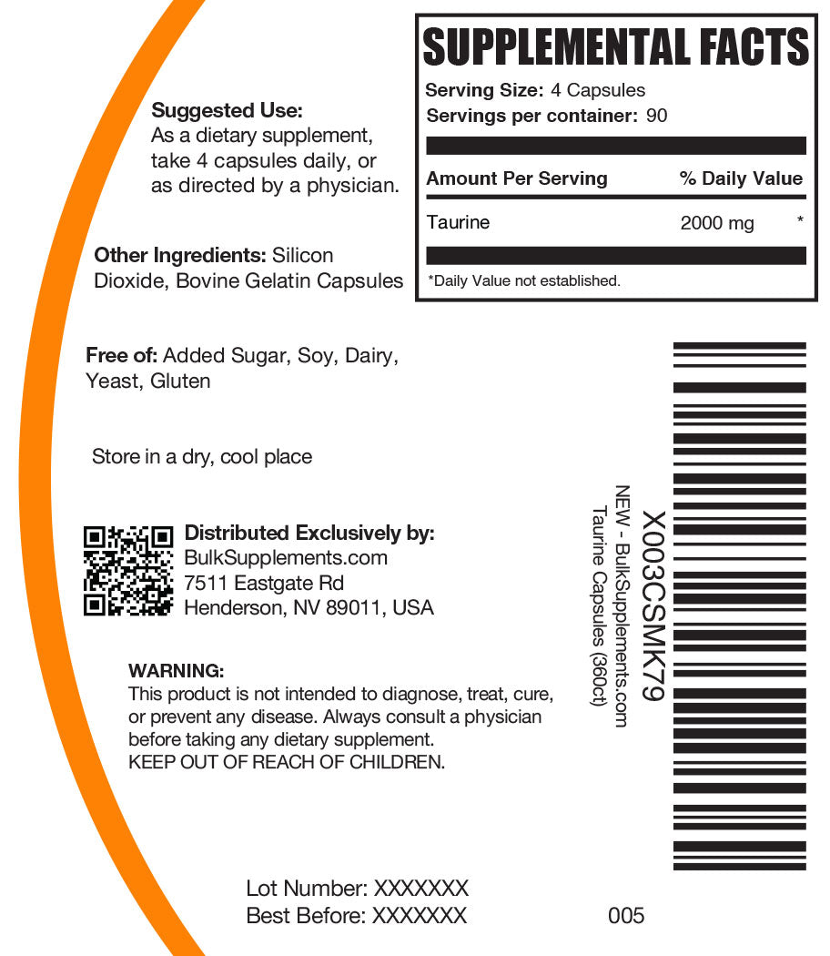 Taurine capsule label 360 ct