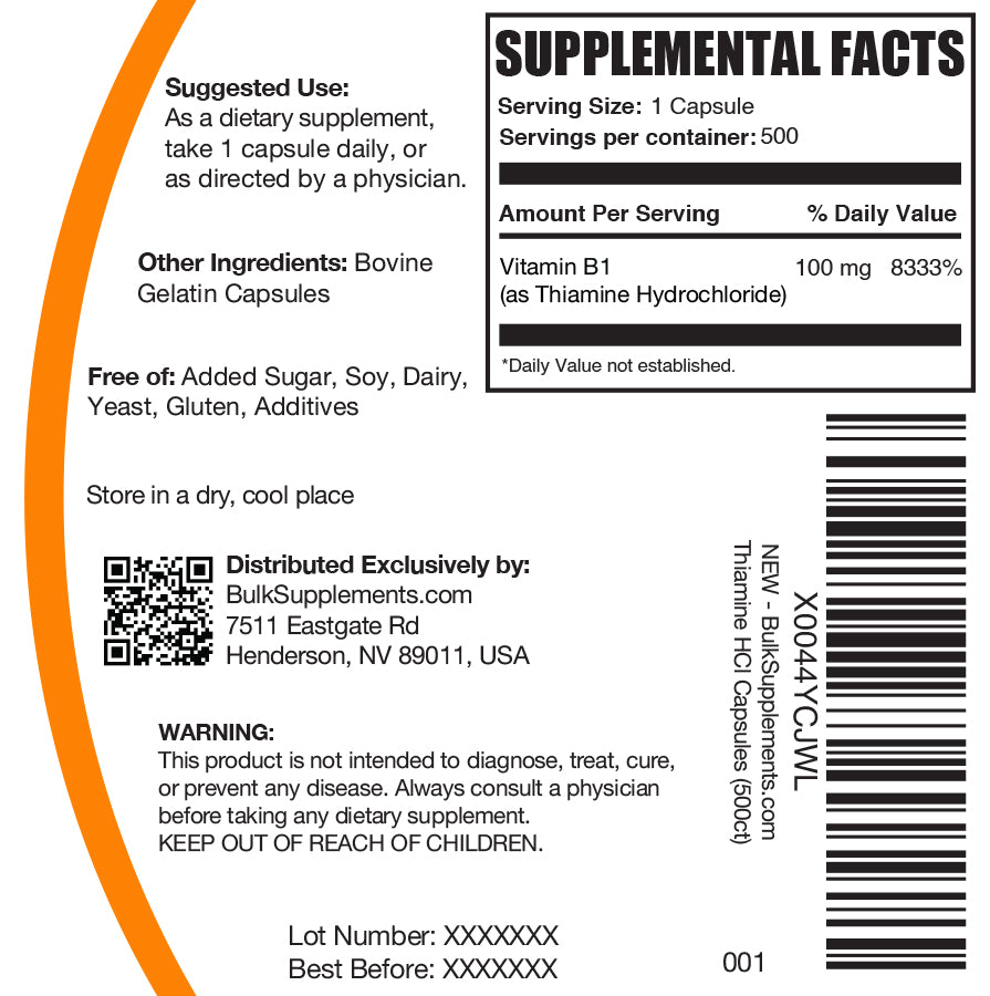 Thiamine HCl (Vitamin B1) Capsules 500 ct label