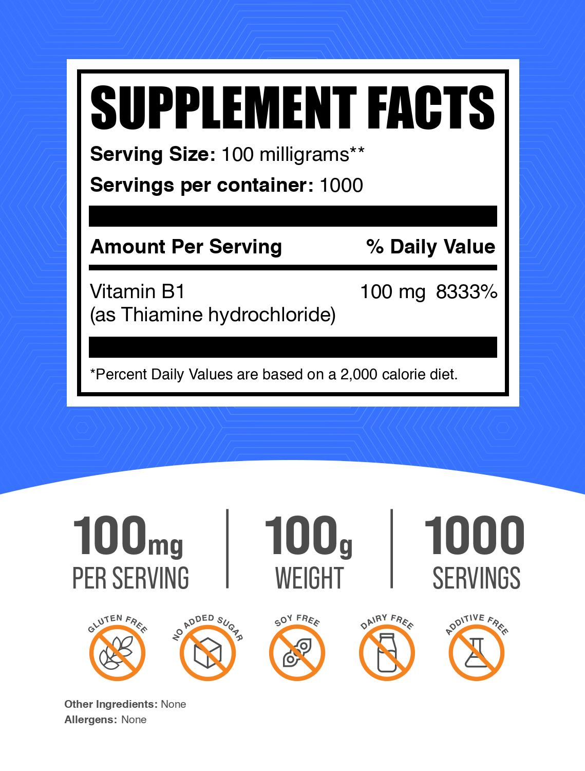 Thiamine HCl (Vitamin B1) powder label 100g