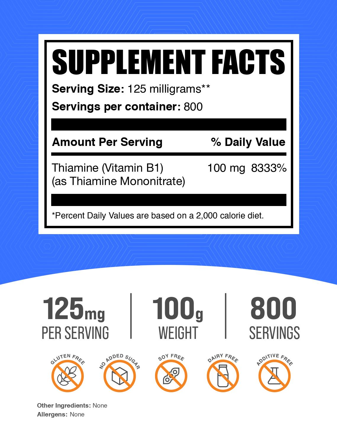 Thiamine HCl (Vitamin B1) powder label 100g