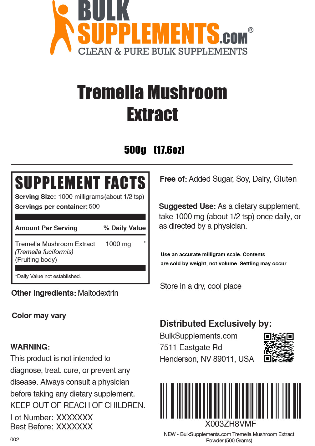 Tremella mushroom extract powder label 500g