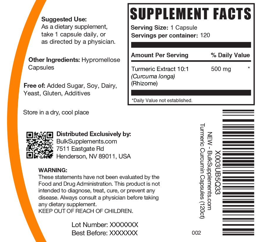 Curcumin (turmeric) capsules 500mg 120 ct label