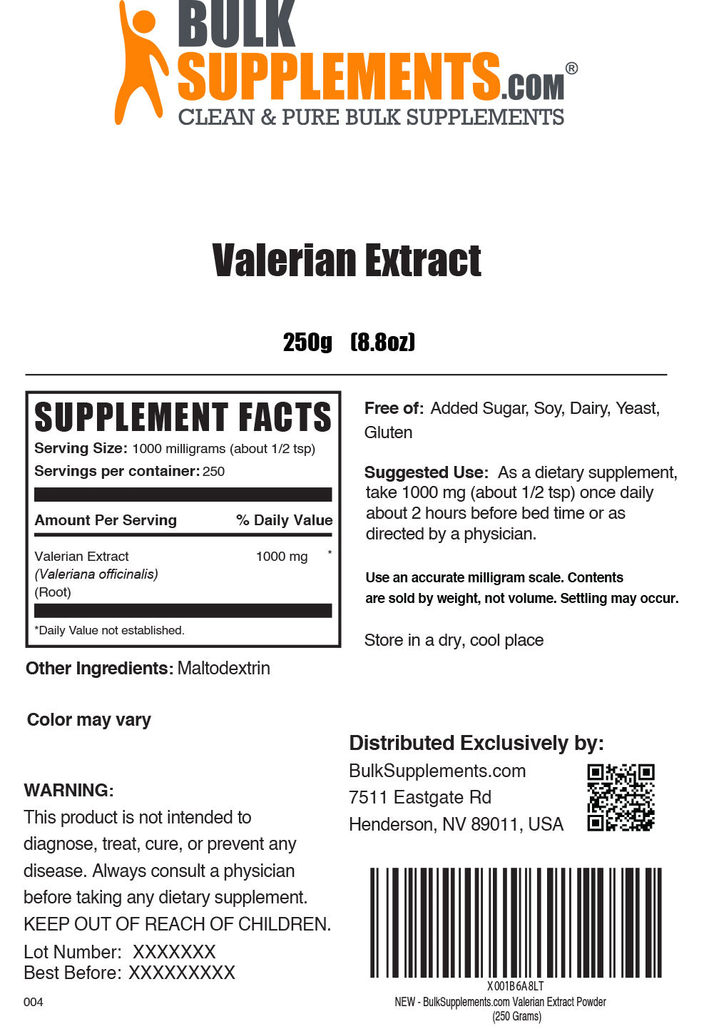 Valerian Root Extract powder label 250g