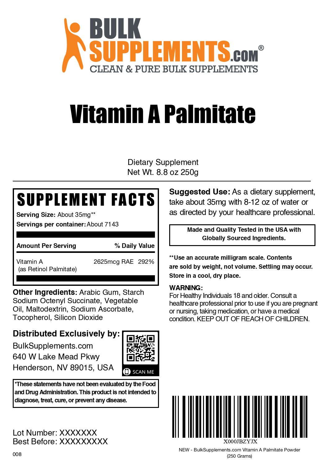 Vitamin A palmitate powder label 250g