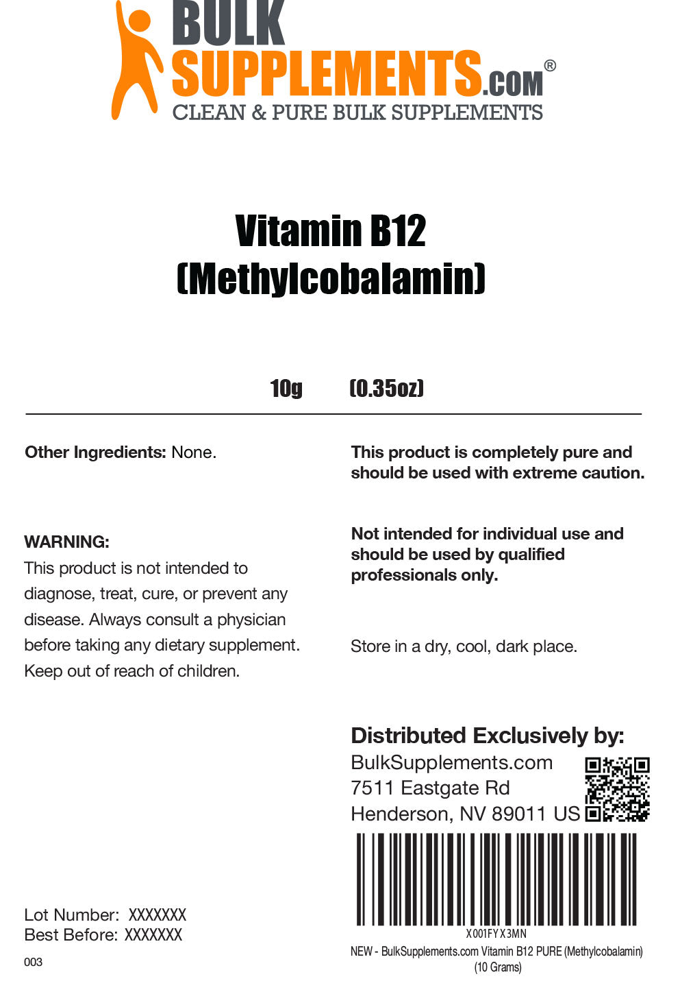 Vitamin B12 Pure Methylcobalamin powder label