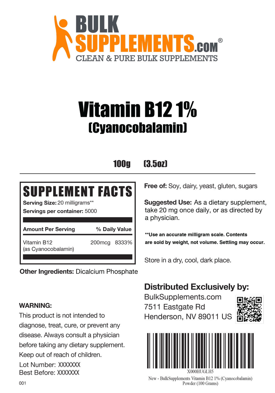 Vitamin B12 1% Cyanocobalamin powder label 100g
