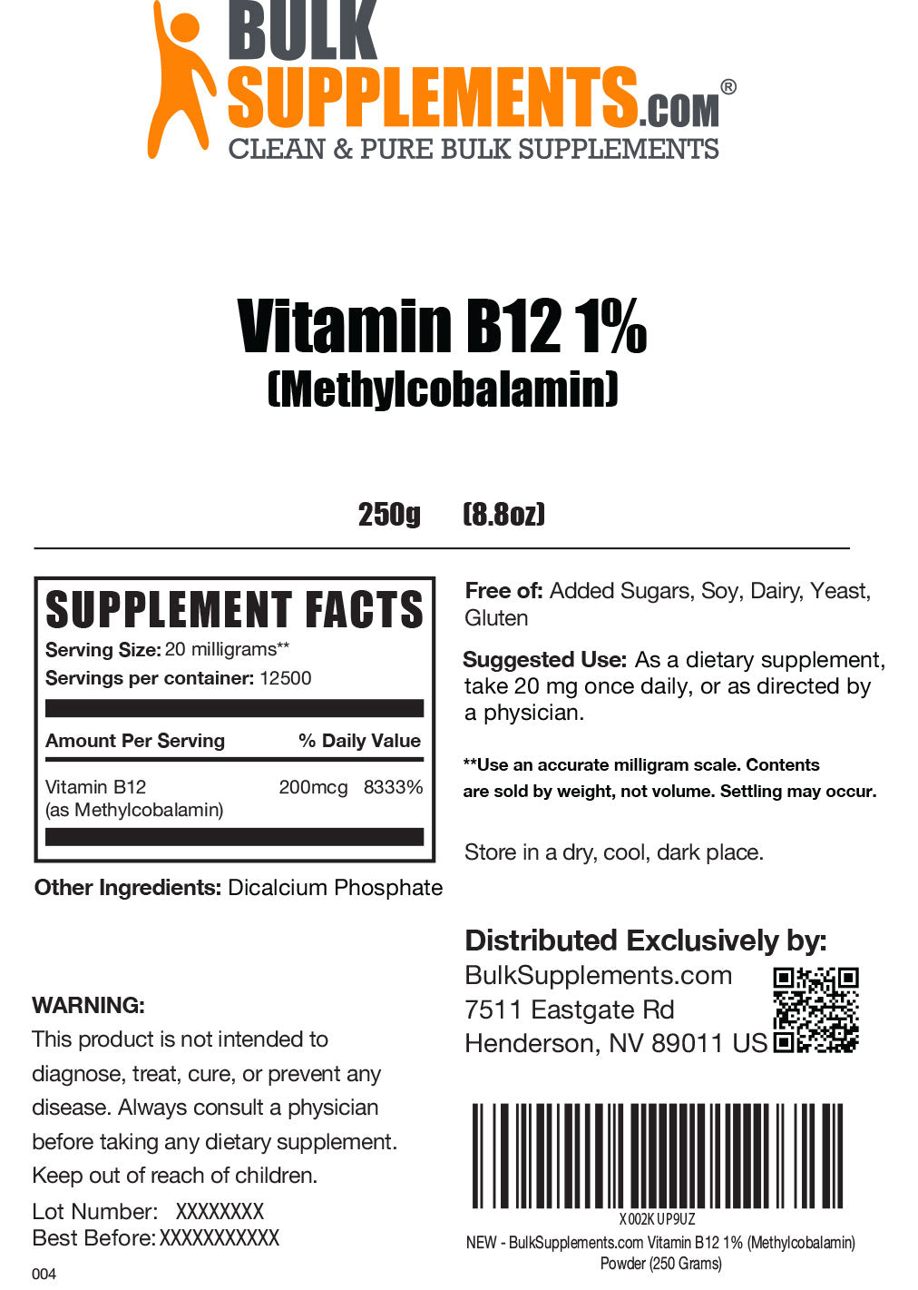 Vitamin B12 1% Methylcobalamin powder label 50g