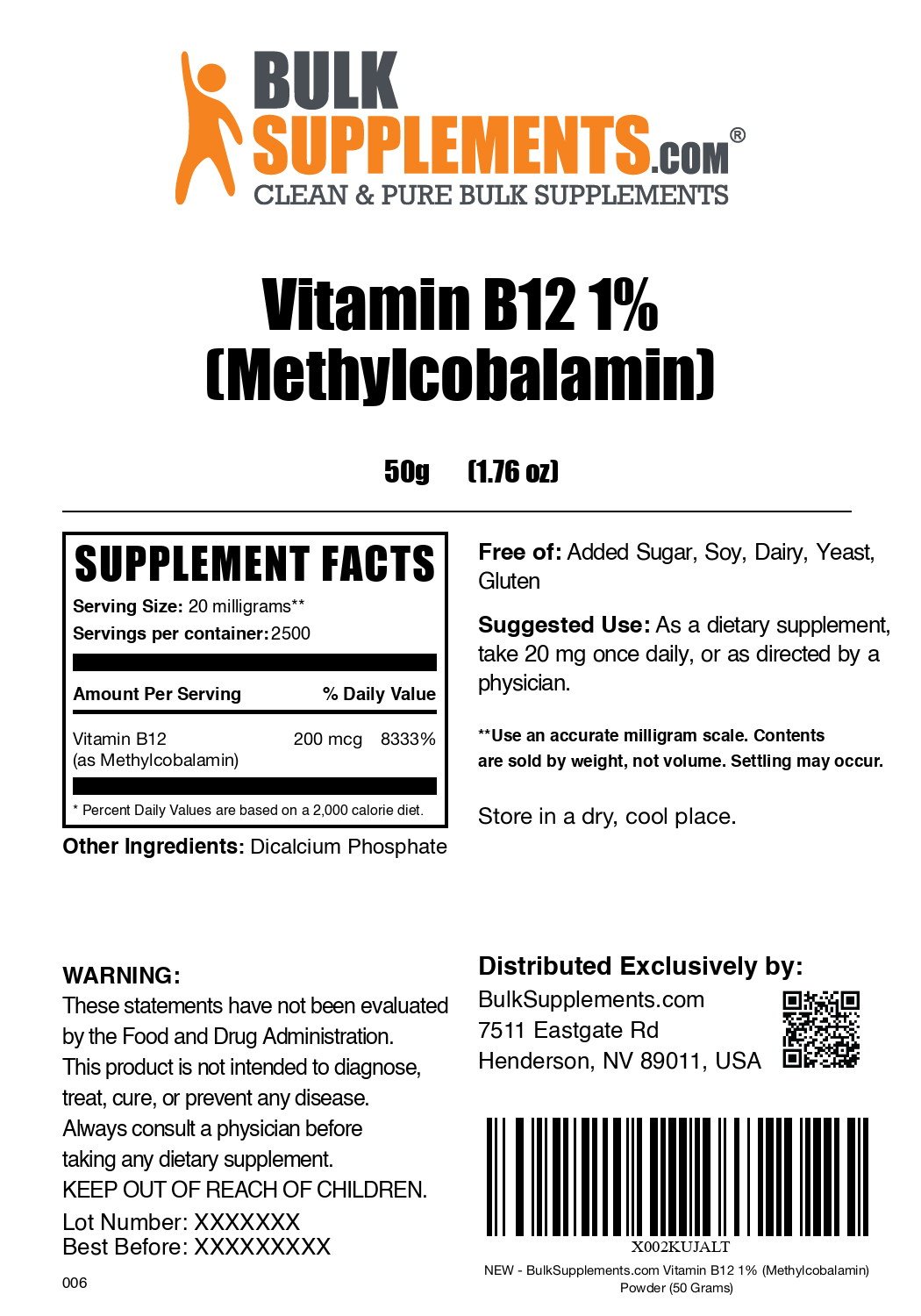 Vitamin B12 1% Methylcobalamin powder label 50g