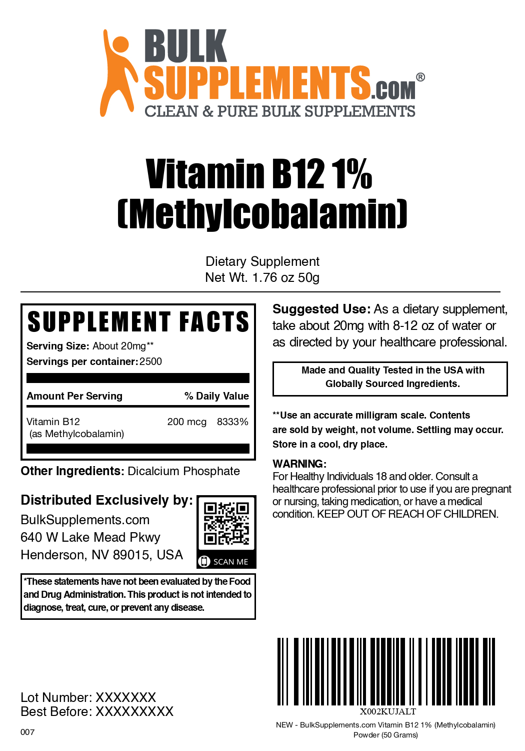 Vitamin B12 1% Methylcobalamin powder label 50g