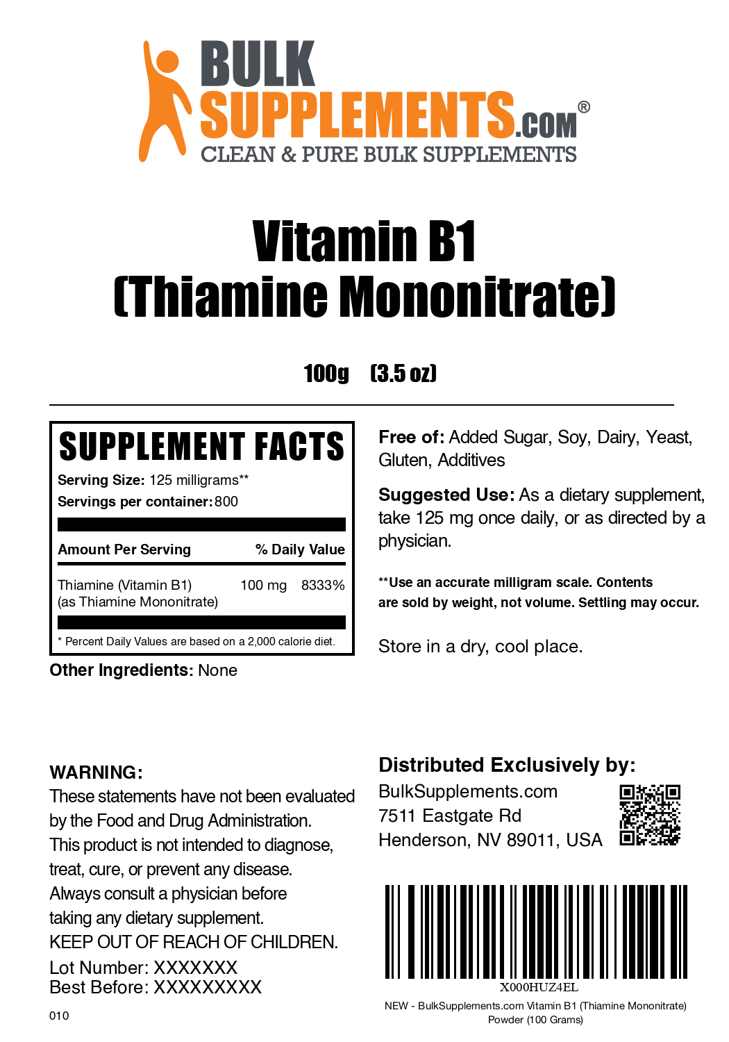 Thiamine HCl (Vitamin B1) powder label 100g