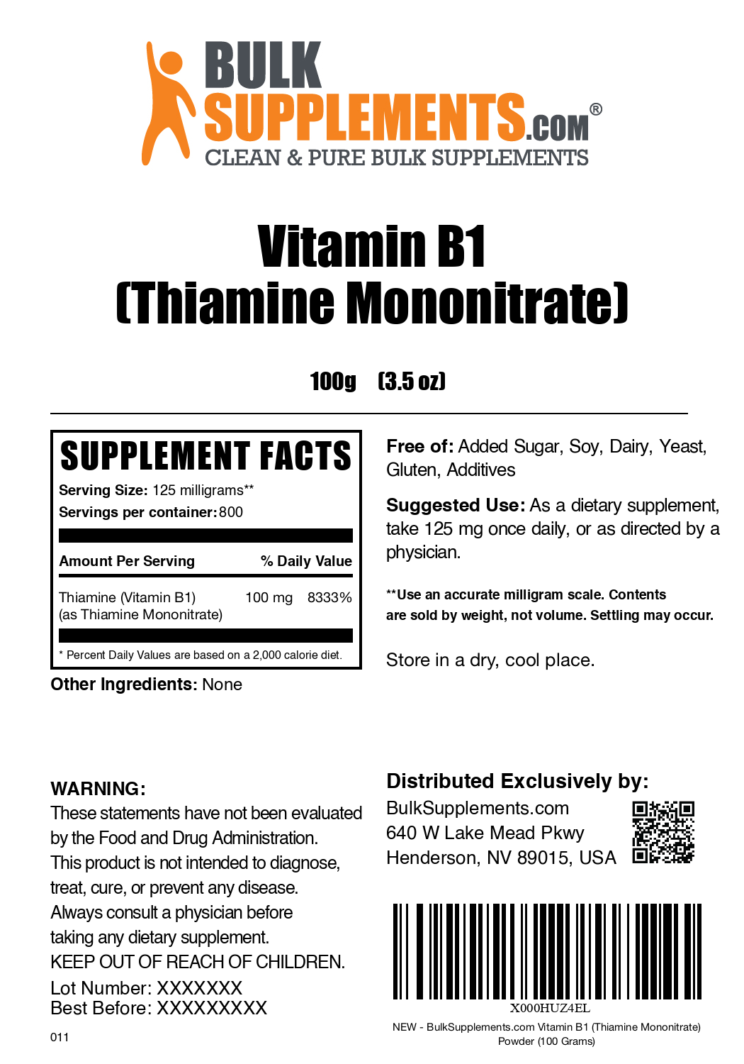 Thiamine HCl (Vitamin B1) powder label 100g