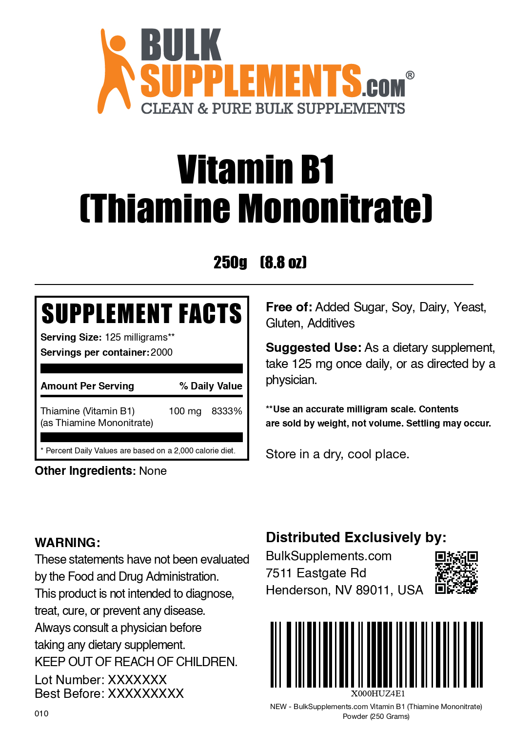 Thiamine Mononitrate (Vitamin B1) Powder label 250g