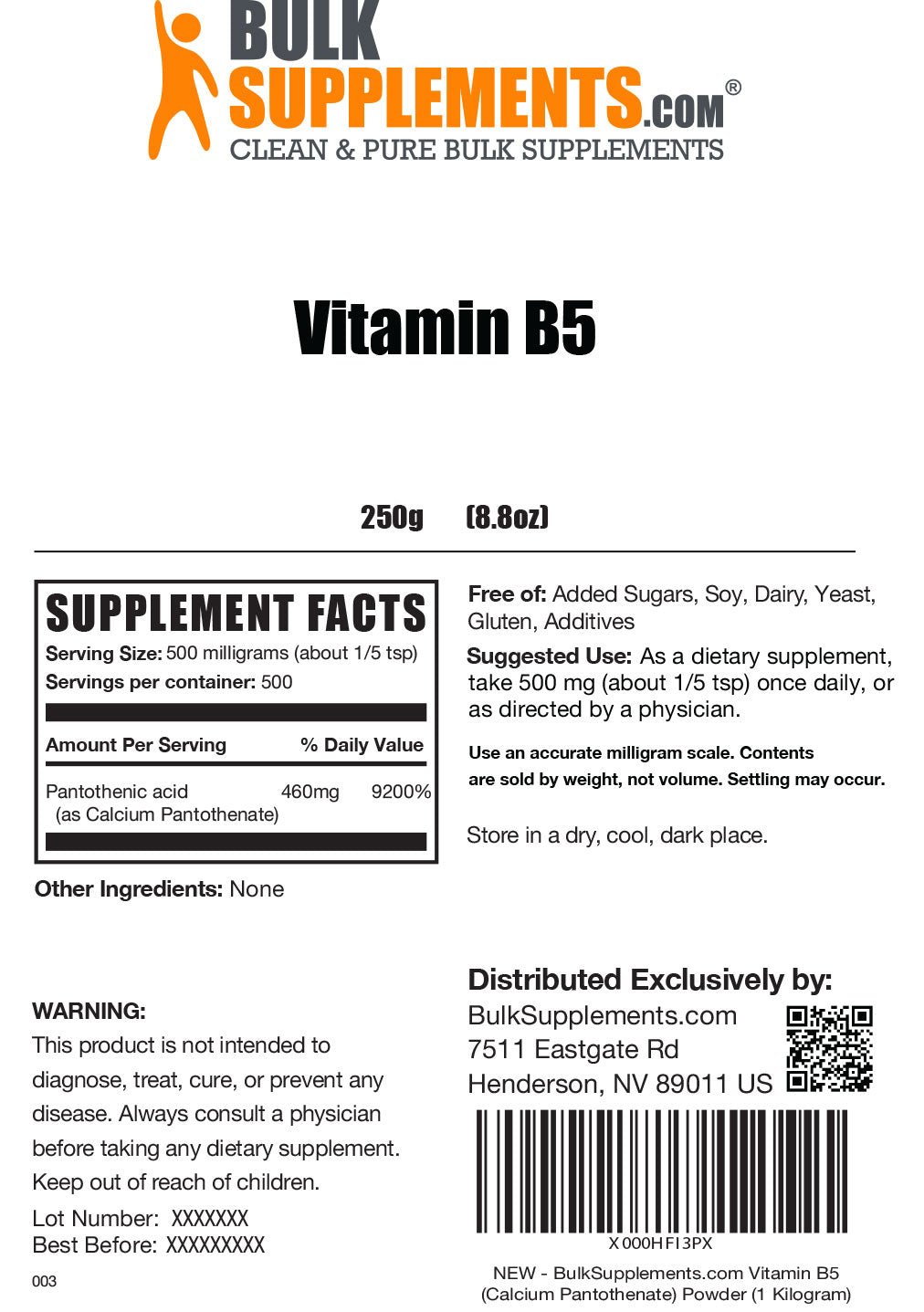 BulkSupplements.com Vitamin B5 Powder Label 250g