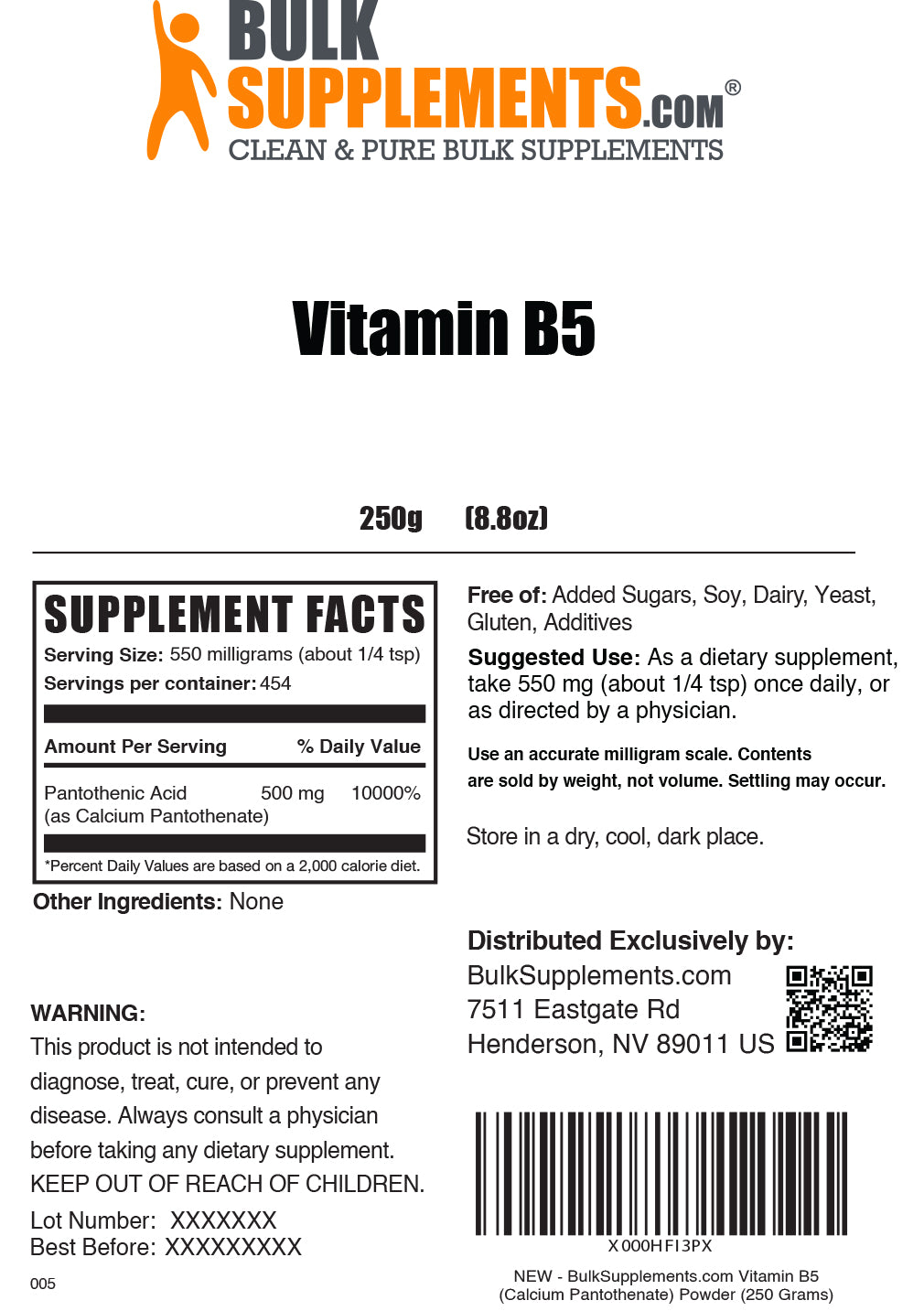 Vitamin B5 Powder label 250g