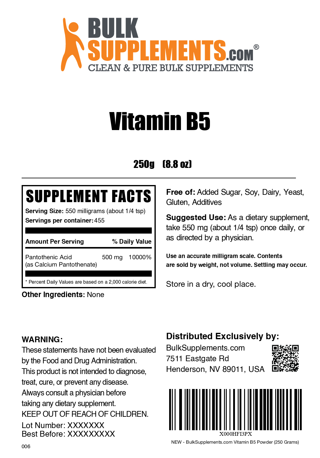 Vitamin B5 powder label 250g