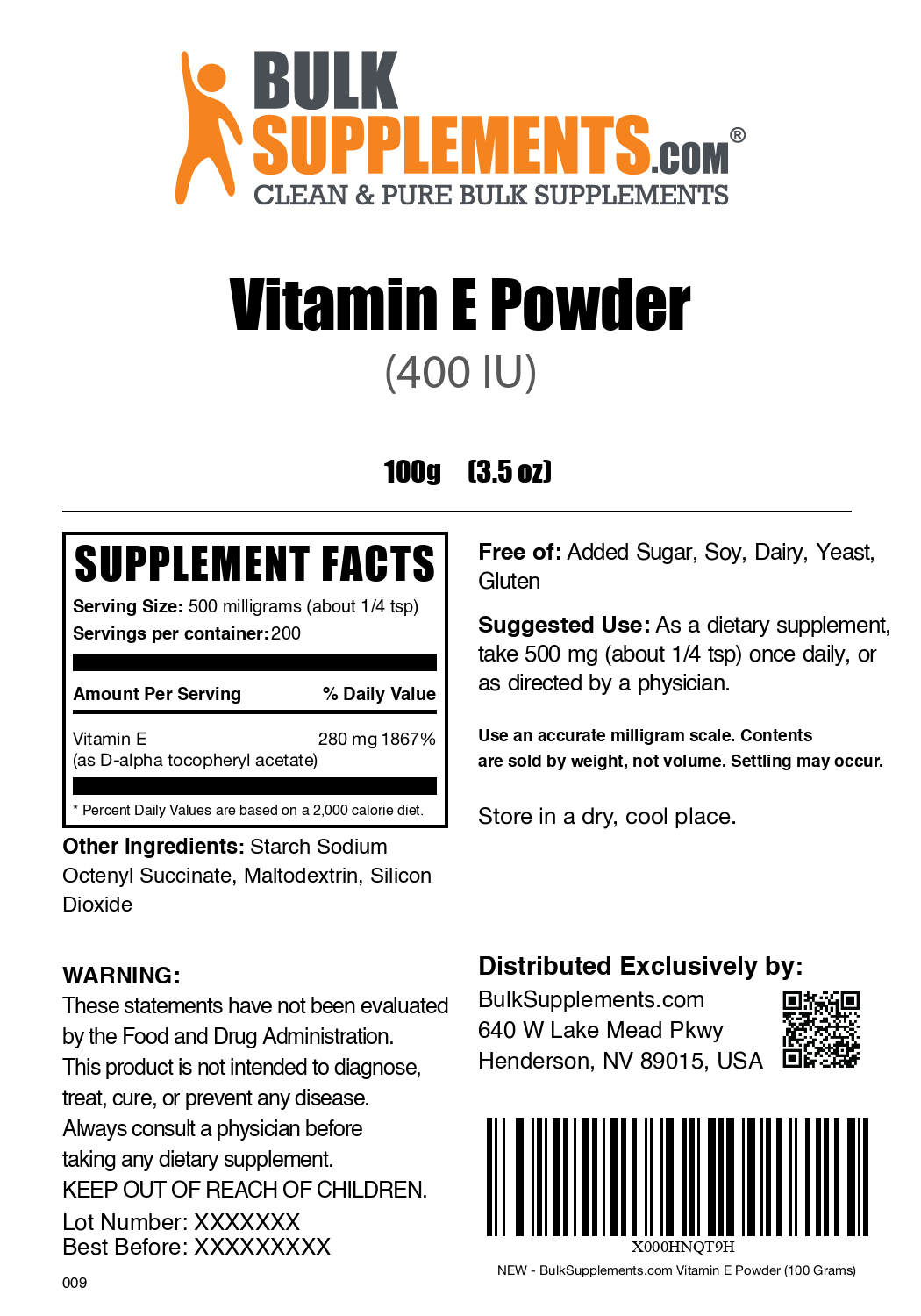 Vitamin E 400 IU powder label 100g