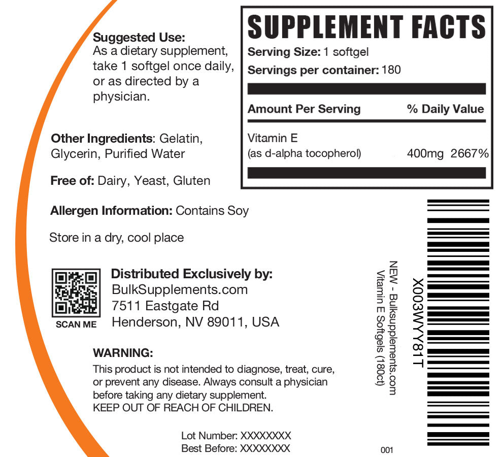 Vitamin E Softgels 1000 IU 180 ct label