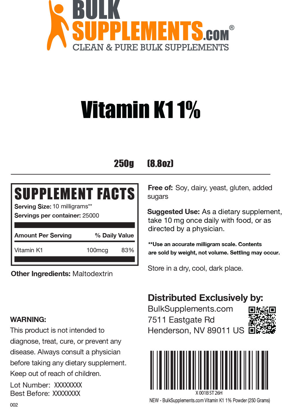 Vitamin K1 powder label 250g