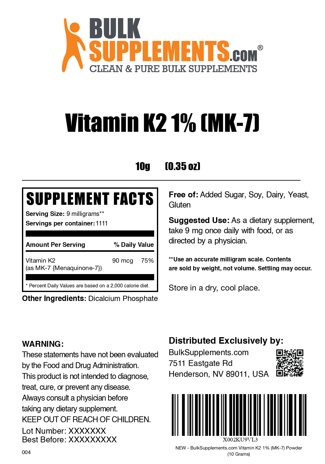 Vitamin K2 MK-7 powder label 10g