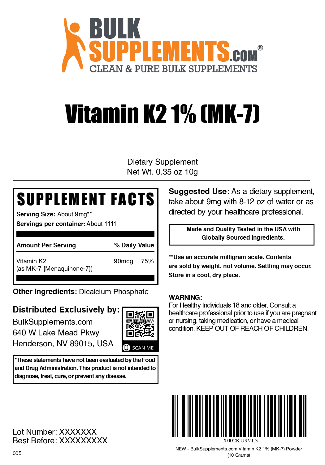 Vitamin K2 MK7 powder label 10g